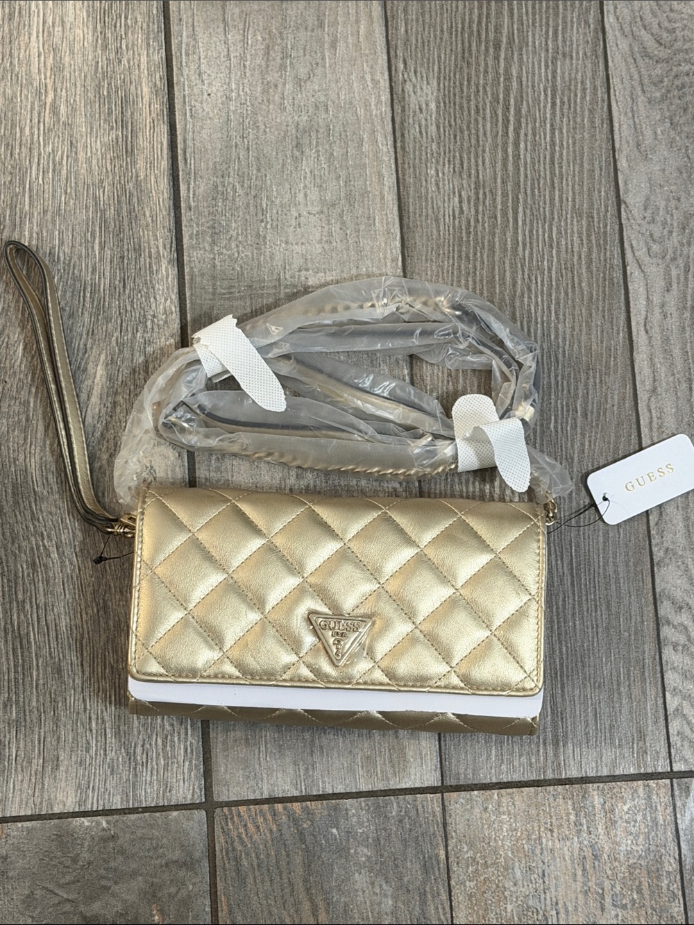 GUESS Quilted Metallic Gold Crossbody Wallet with Detachable Strap